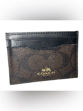 Coach Brown and Black Monogram Card Case with Gold Logo Rehi